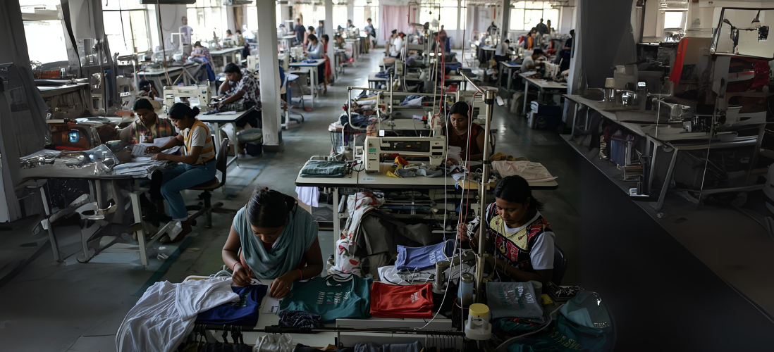 Workers in a cloth manufacturing factory working at sewing machines with clothes and threads surrounding them