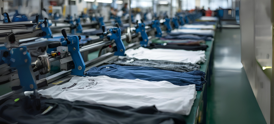 Cloth manufacturing machine operating in a factory, processing fabric material